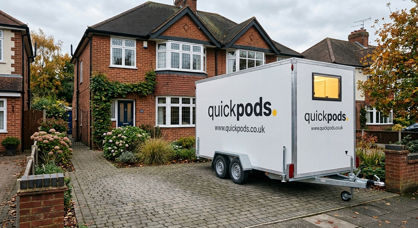 A QuickPods kitchen pod on the drive of a brick home