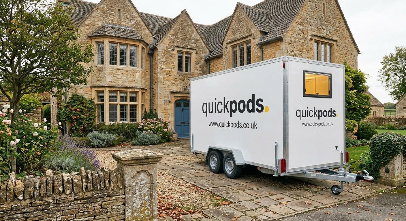 A QuickPods trailer parked on the drive of a Cotswold stone home